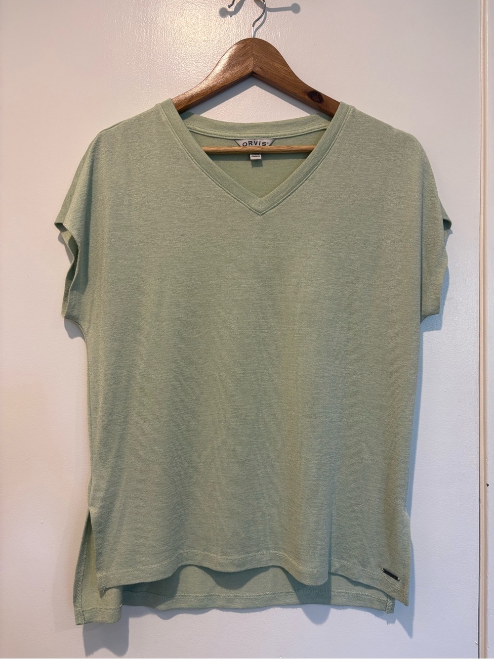 Soft Granola Girl Orvis Women's V-Neck Cap Sleeve Knit Top in Light Sage Green